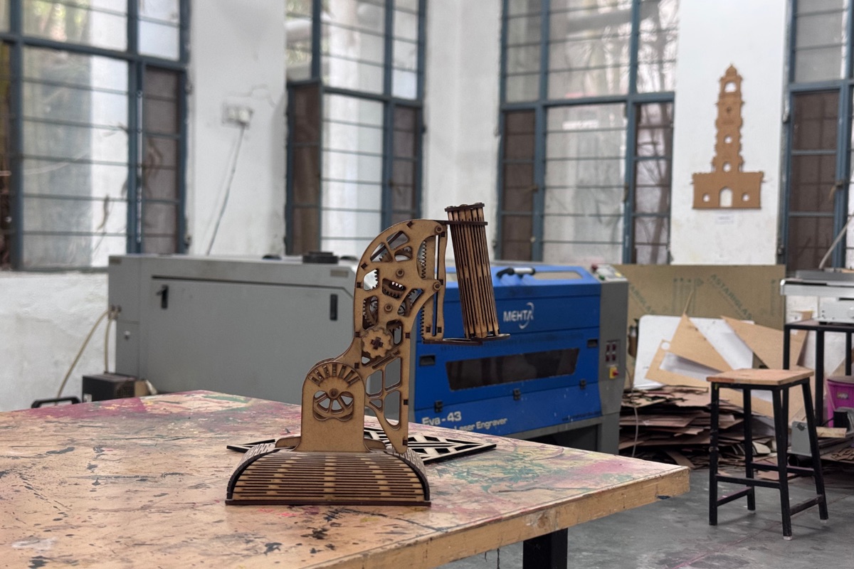 Laser-cut gear mechanism in fabrication lab at CODE